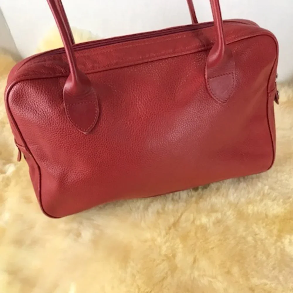 longchamps red pebbled leather satchel bag